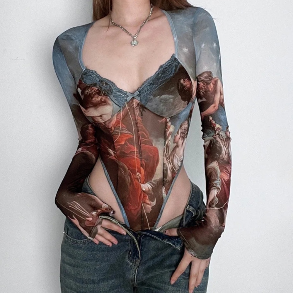 Artistic Mesh Religious Iconography Bodysuit with Lace Trim